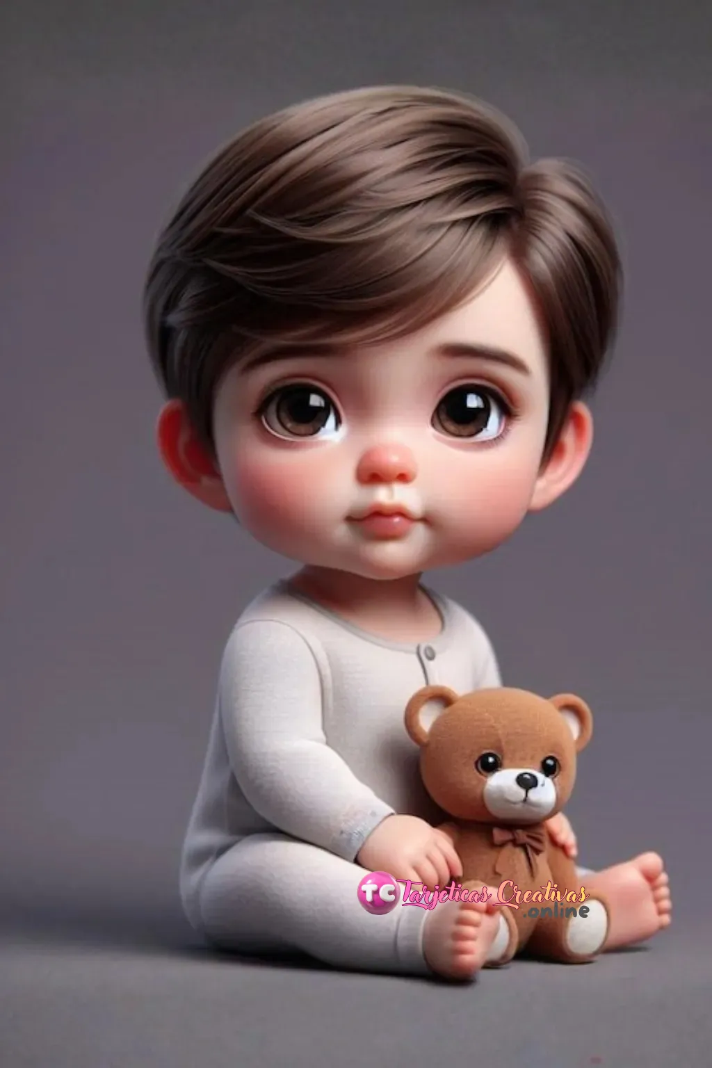 Bebe pelo castaño sentado con osito de peluche